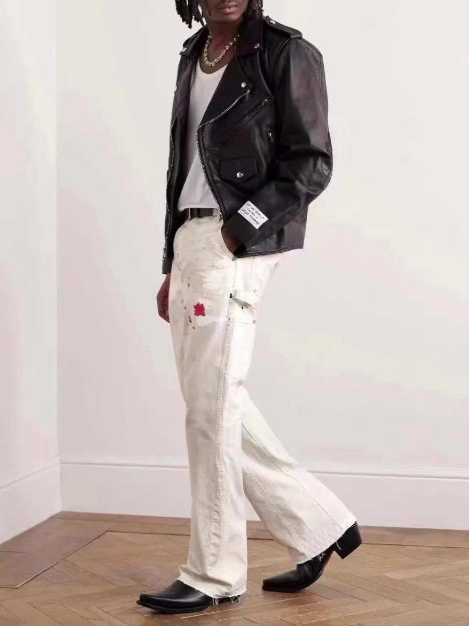 660#Gallery Dept new hand-painted splash-ink mud-dyed distressed style overalls logging pants washed off-white spliced ​​micro-flared jeans beautiful trendy versatile casual pants off-white S~XL P270